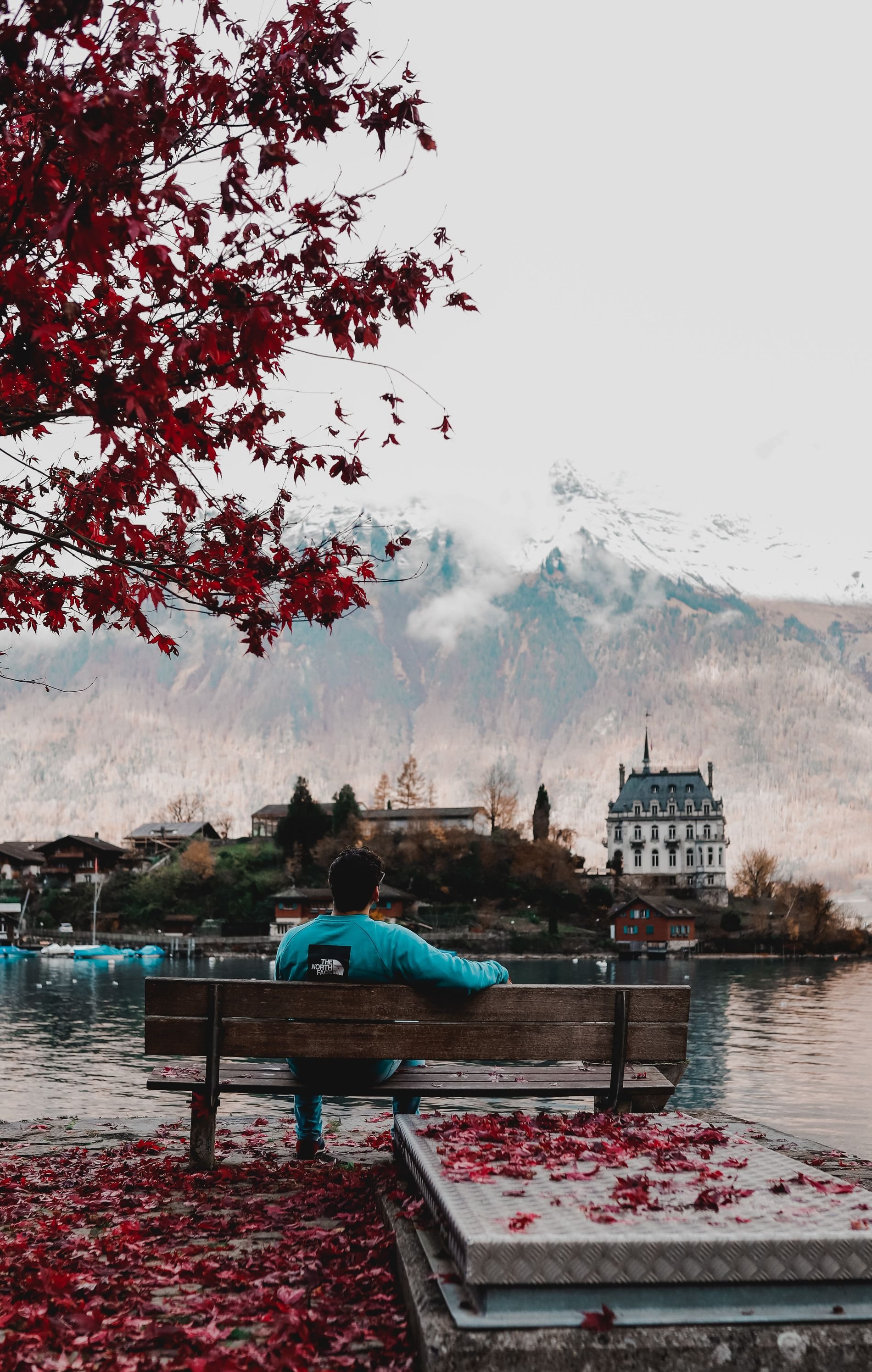 A bench on the shore of Lake Brienz in autumn